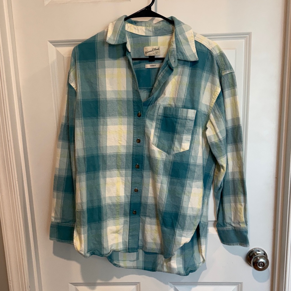 Universal Thread Teal and White Plaid Button-Down Shirt with Yellow Accents